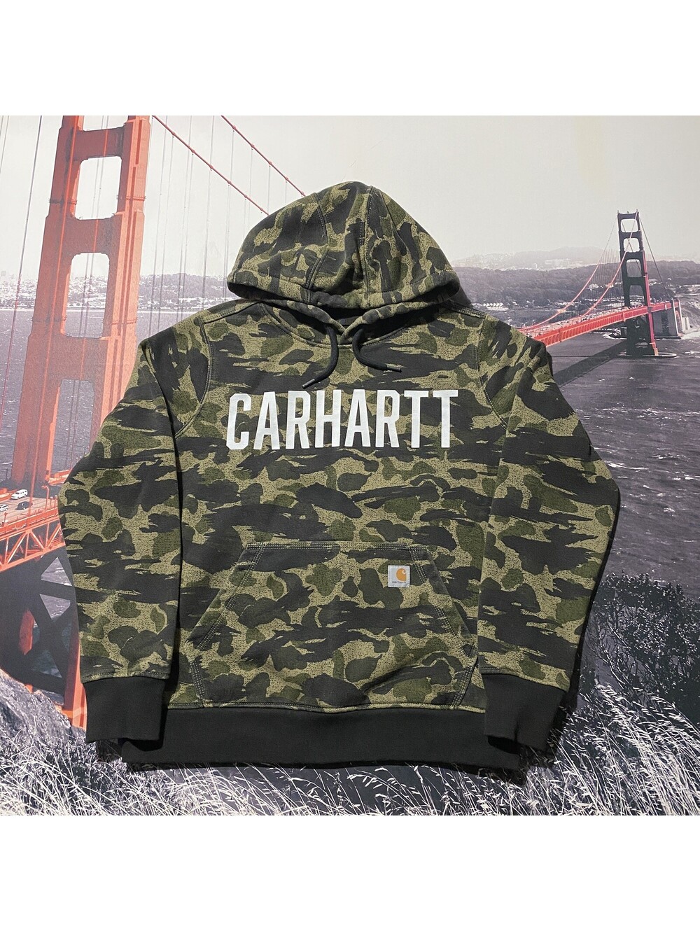 Carhartt Hoodie Youth Boys Size Medium 8-10 Green Camo Logo Pullover Sweatshirt